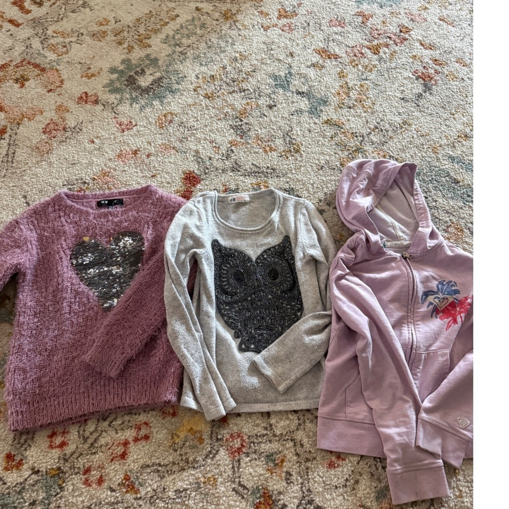 Girls 3pc Top Bundle DKNY Sequin Heart H&M Owl Roxy Hoodie Size 6-10 Pink Grey